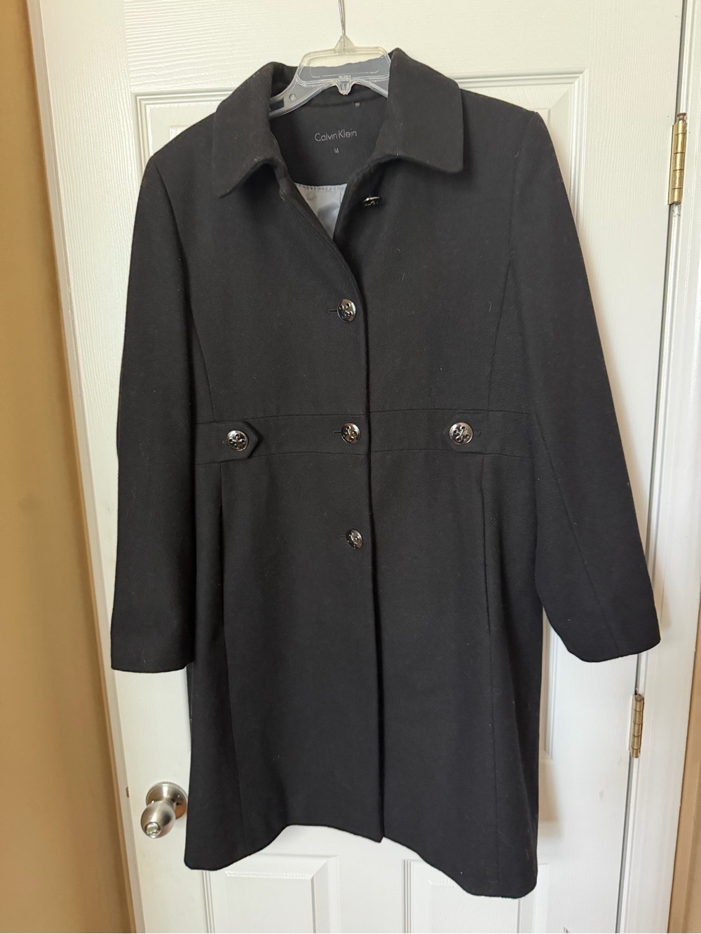 Calvin Klein Black Single-Breasted Wool-Blend Trench Coat Size 14